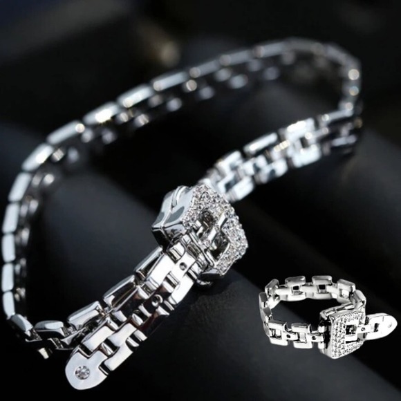 Silver Belt Buckle Bracelet Matching Ring Set, Minimalist, Zircon, Chain Link - Picture 1 of 12